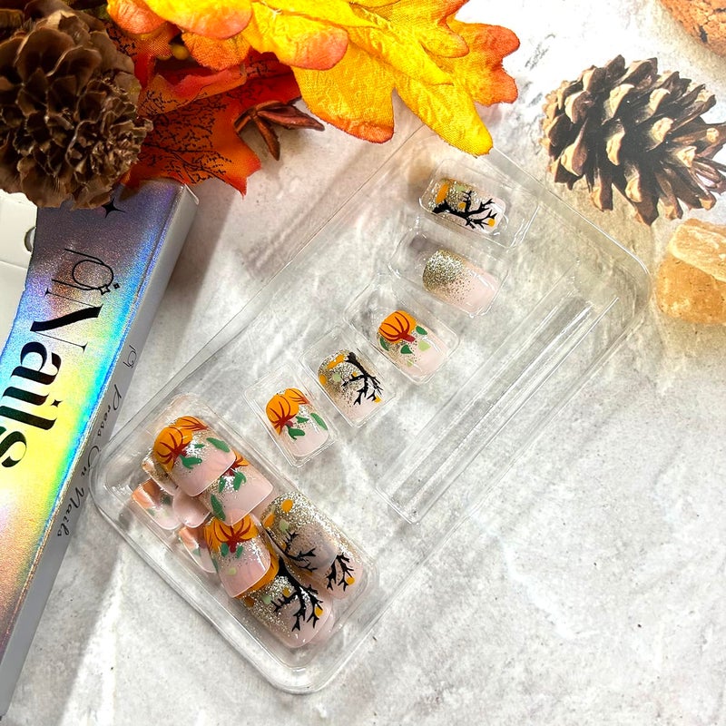 CJDLTS Thanksgiving Press on Nails Short Square Fall False Nail Pumpkin Glitter Sequins Pattern Acrylic Fingernails Full Cover Glossy Festival Stick on Nail Press Ons Reusable Autumn Glue on Nails for Women - Image 5